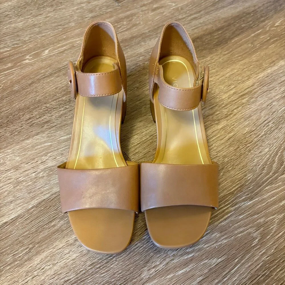 Vionic Buckle Strap Leather Block Heels - Chardonnay